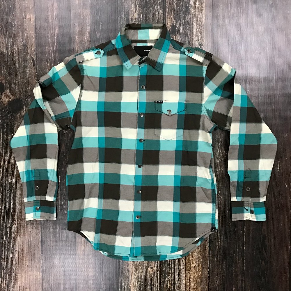 HURLEY Plaid Check Shirt Small Button Down Skater Street Wear Teal Brown